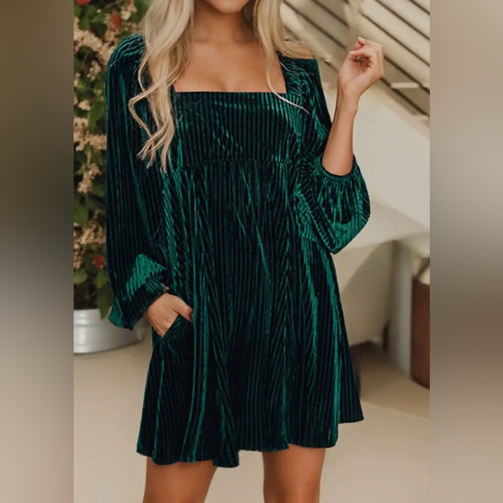 Womens L Velvet Green Babydoll Mini Dress Balloon Sleeve Witchy Goth Whimsigoth